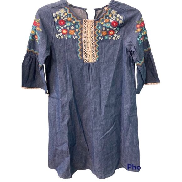 HAYDEN Girls Denim Dress with Embroidery - Picture 1 of 5